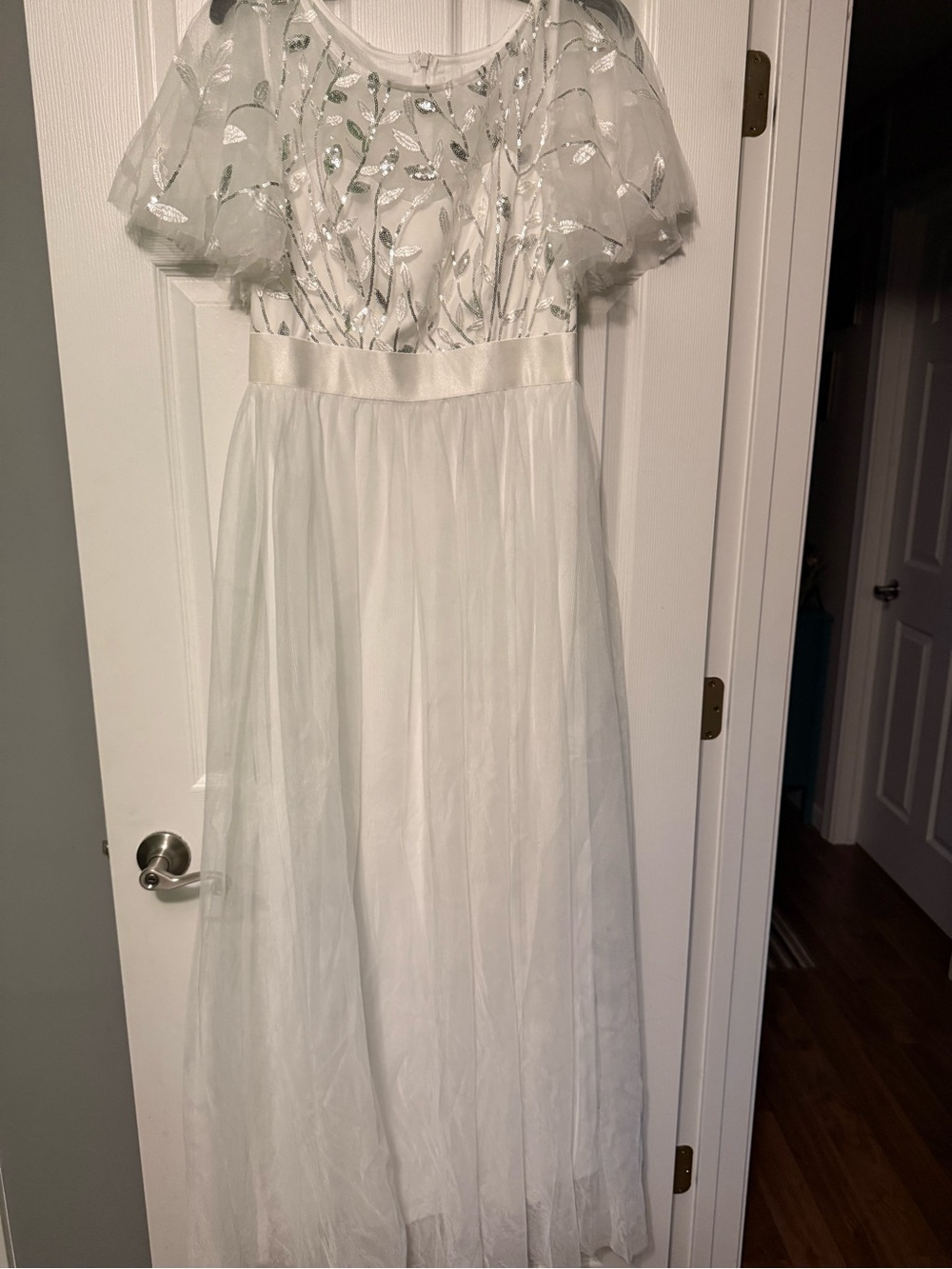 Ever Pretty White Tulle Dress with Silver Leaf Embroidery